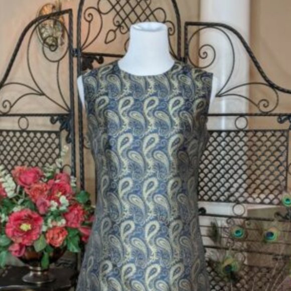 Navy Blue & Gold Paisley Brocade Sheath Dress - Picture 2 of 8